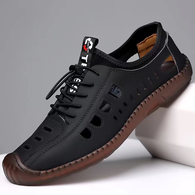 Men's leather sandals, perforated and breathable, 2024 summer new dad shoes, comfortable outdoor net shoes, men's shoes wholesale full figure