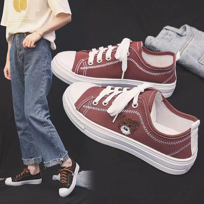 Spring bear canvas shoes, women's new trendy sports shoes, white sneakers, women's versatile student casual shoes, soft-soled shoes full figure