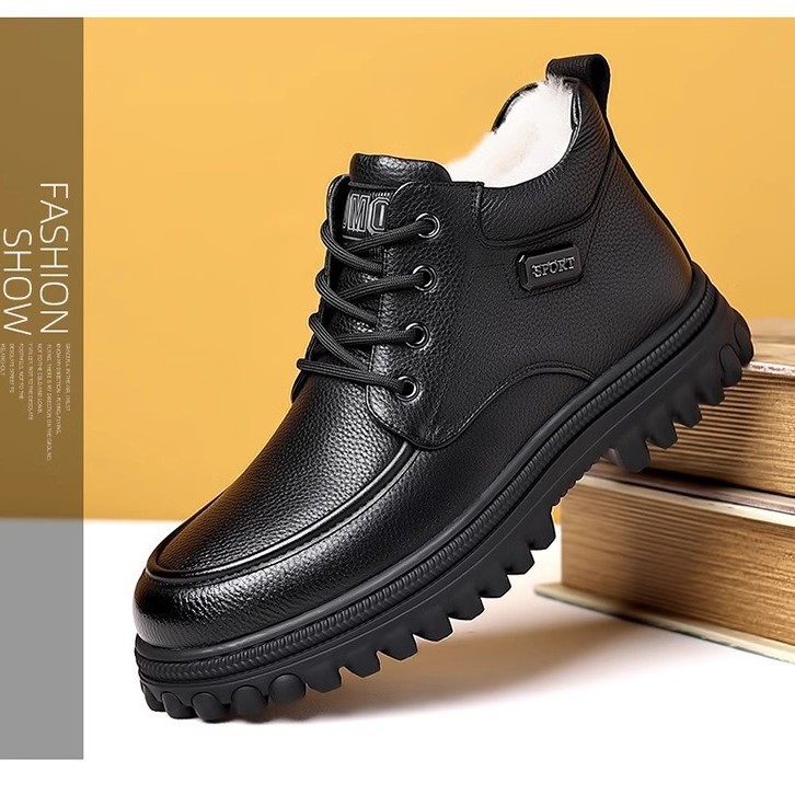 Wholesale of 2024 new men's British retro high-top shoes with fleece warmth thick-soled casual leather boots and workwear shoes for autumn and winter Specification drawing
