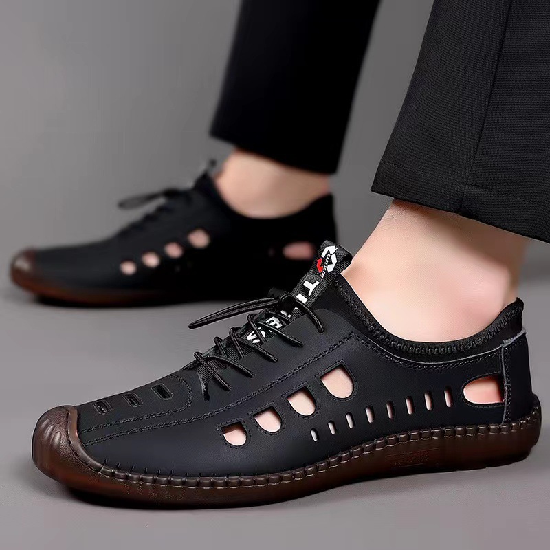 Men's leather sandals, perforated and breathable, 2024 summer new dad shoes, comfortable outdoor net shoes, men's shoes wholesale Application Scenario