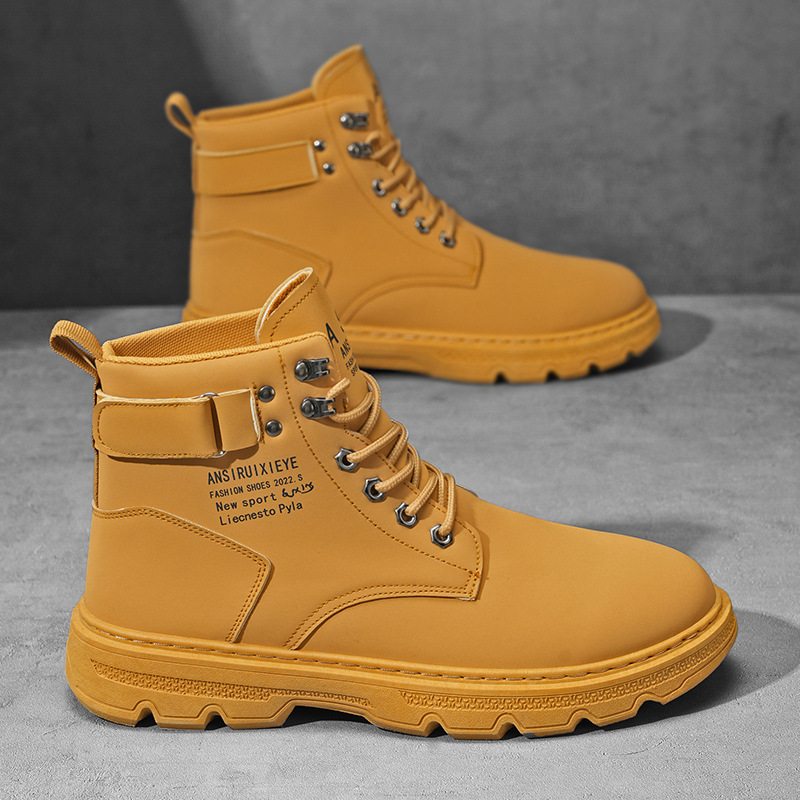 New men's shoes for autumn: High-top Dr. Martens boots, men's trendy and versatile thick-soled work shoes, casual leather boots, and black ankle boots details Picture