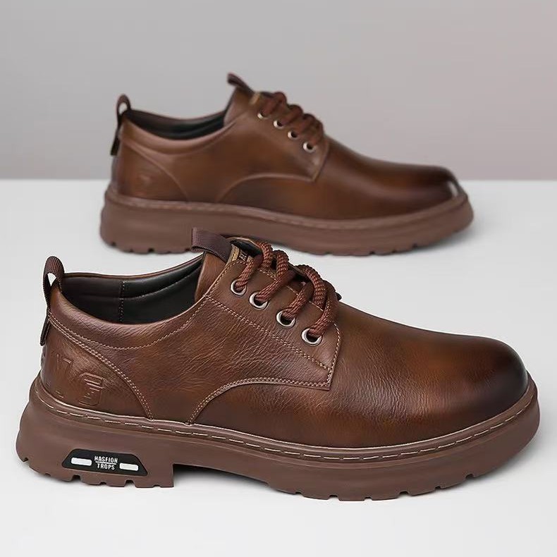 Autumn's new men's handcrafted business casual leather shoes, men's retro workwear large-head lace-up soft sole breathable leather shoes full figure