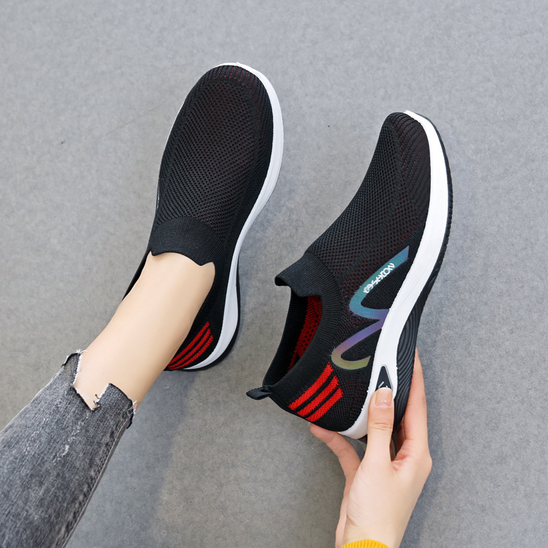 2025 Foreign Trade Flying Weaving One-foot sock opening casual women's shoes Massage sole breathable and lightweight mom shoes for fitness walking full figure