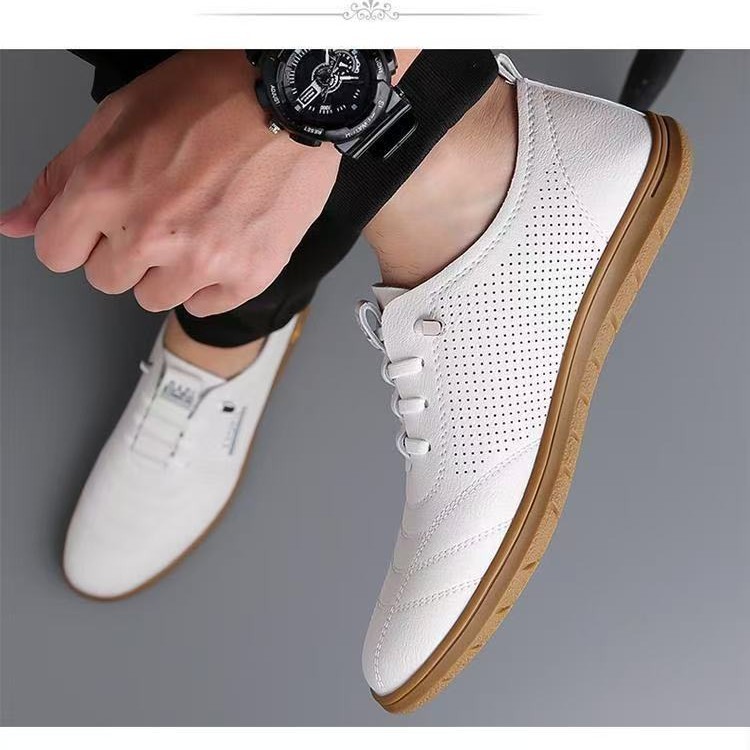 Summer men's shoes: New men's soft-soled breathable white sneakers, one-step driving shoes, fashionable and casual hollowed-out leather shoes for men Specification drawing