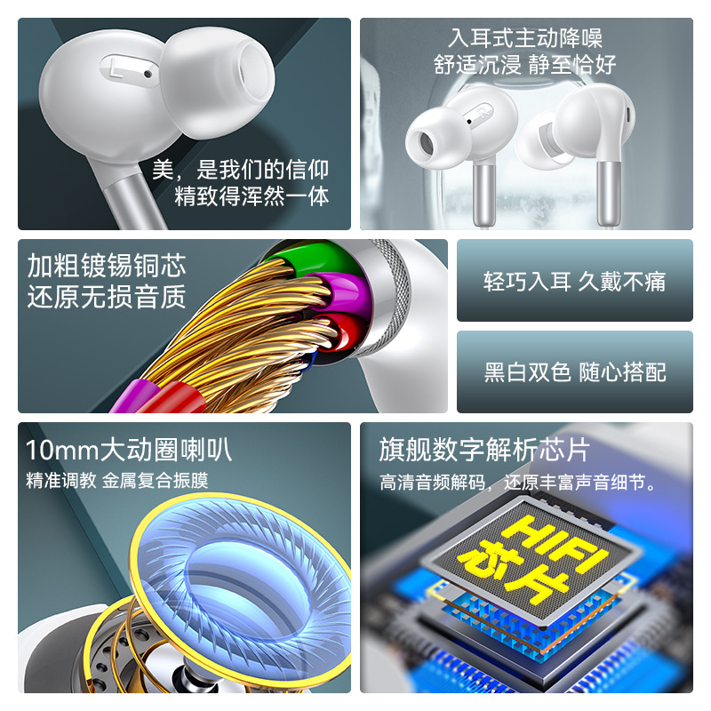 The new 3.5MM/type-c flat-head in-ear wired headphones are compatible with Huawei/Xiaomi /vivo wired headsets Specification drawing