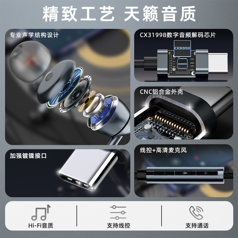 Cross-border Type-C headphones, in-ear digital headphones, Type-C high-quality chip digital noise cancellation earbuds with microphone details Picture