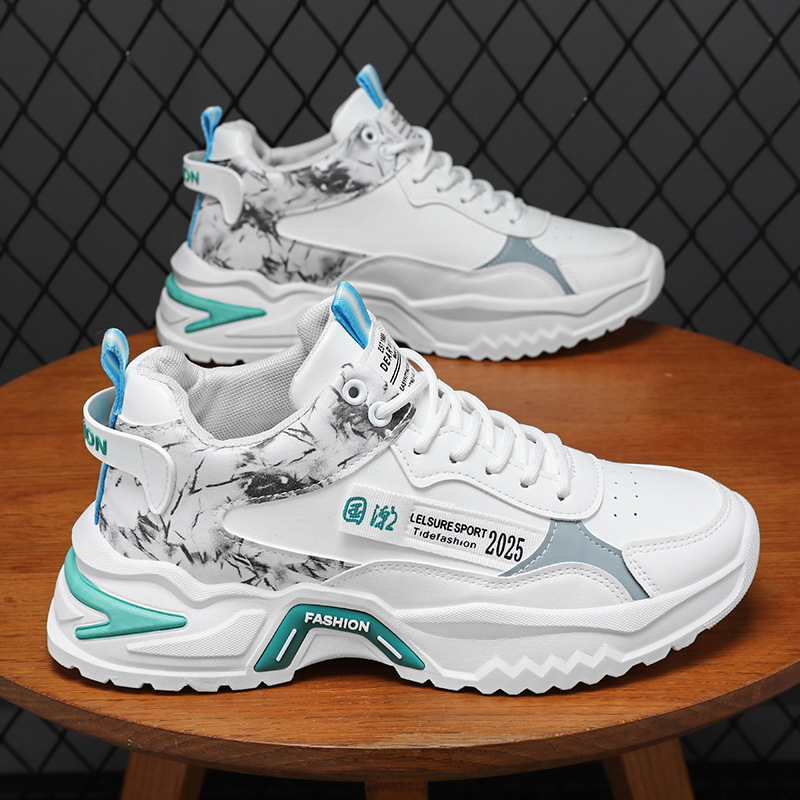 Spring new high-top sports shoes for men, trendy and versatile white sneakers, insole height-increasing casual running dad shoes Specification drawing