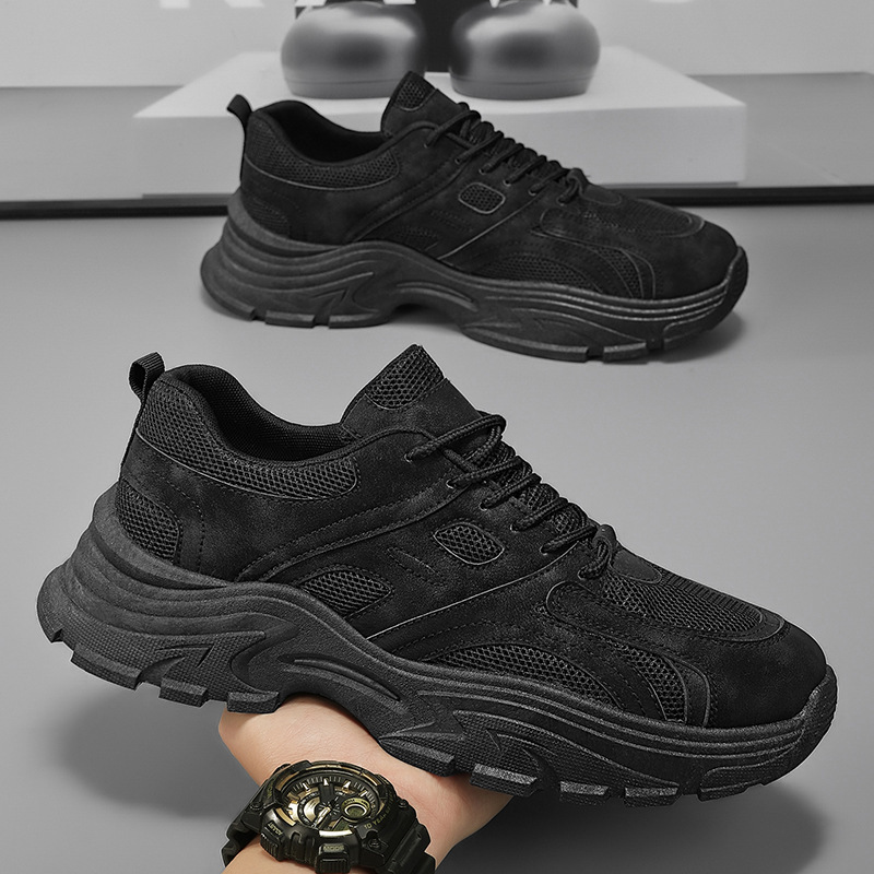 New summer men's shoes: Breathable mesh shoes, men's trendy and versatile thick-soled black sports shoes, casual dad trendy shoes full figure