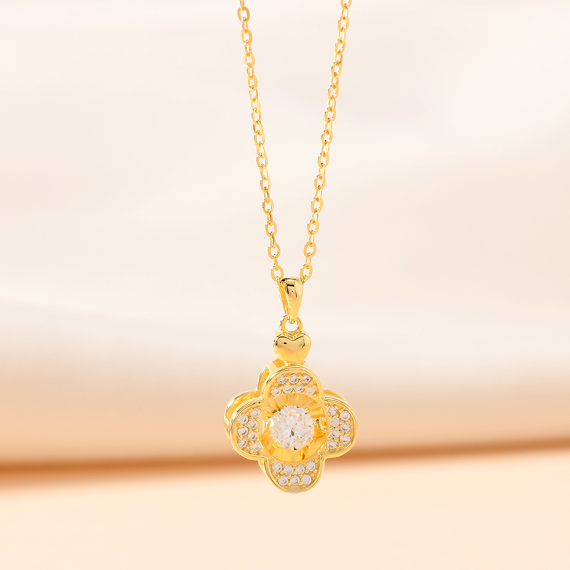影响力饰品s925银纯银金色锆石四叶草镶钻项链