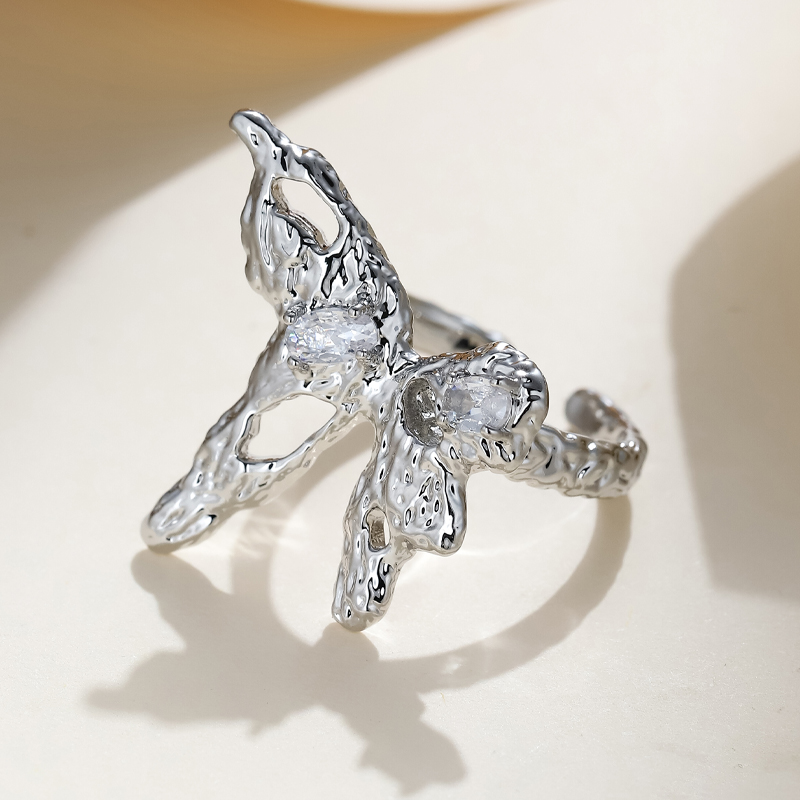 欧美新潮酷肌理感银色立体液态蝴蝶镶锆石开口戒指