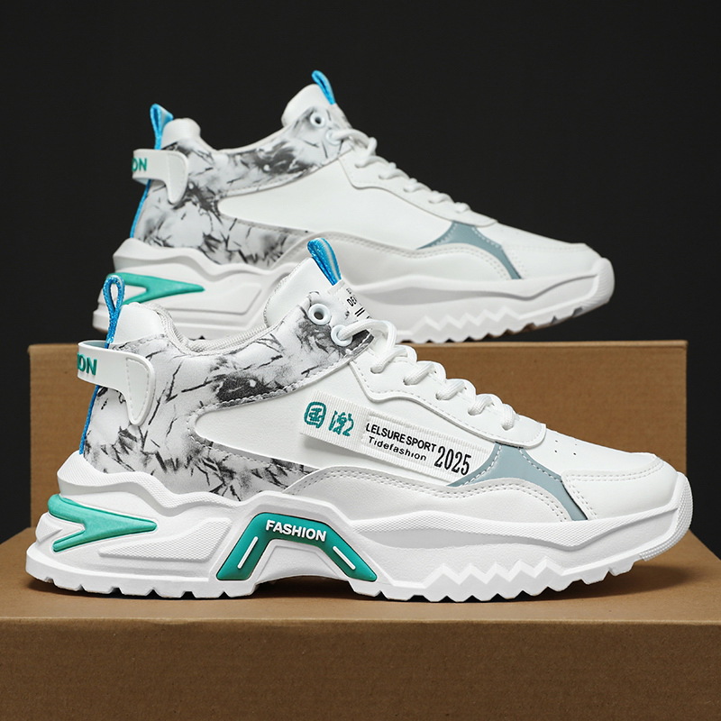 Spring new high-top sports shoes for men, trendy and versatile white sneakers, insole height-increasing casual running dad shoes details Picture