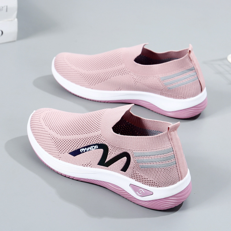 2025 Foreign Trade Flying Weaving One-foot sock opening casual women's shoes Massage sole breathable and lightweight mom shoes for fitness walking Specification drawing