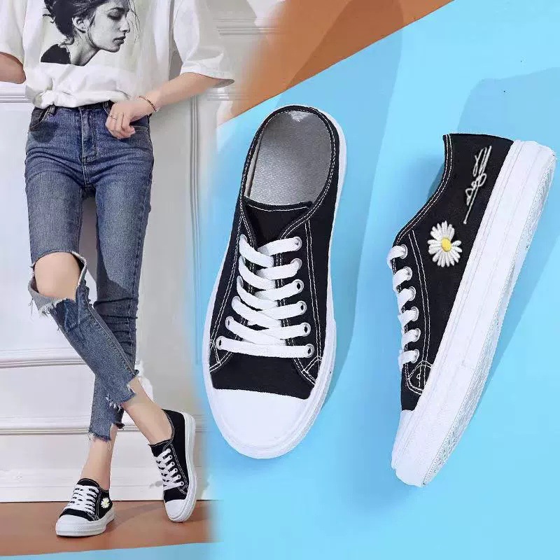 Canvas shoes for female students, Korean-style casual flat shoes, Daisy lace-up thick-soled shoes, one-piece consignment, casual shoes full figure