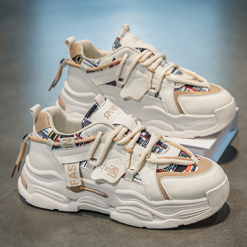 Men's Spring 2025 new breathable white sneakers, men's trendy and versatile thick-soled sports shoes, casual dad trendy shoes full figure