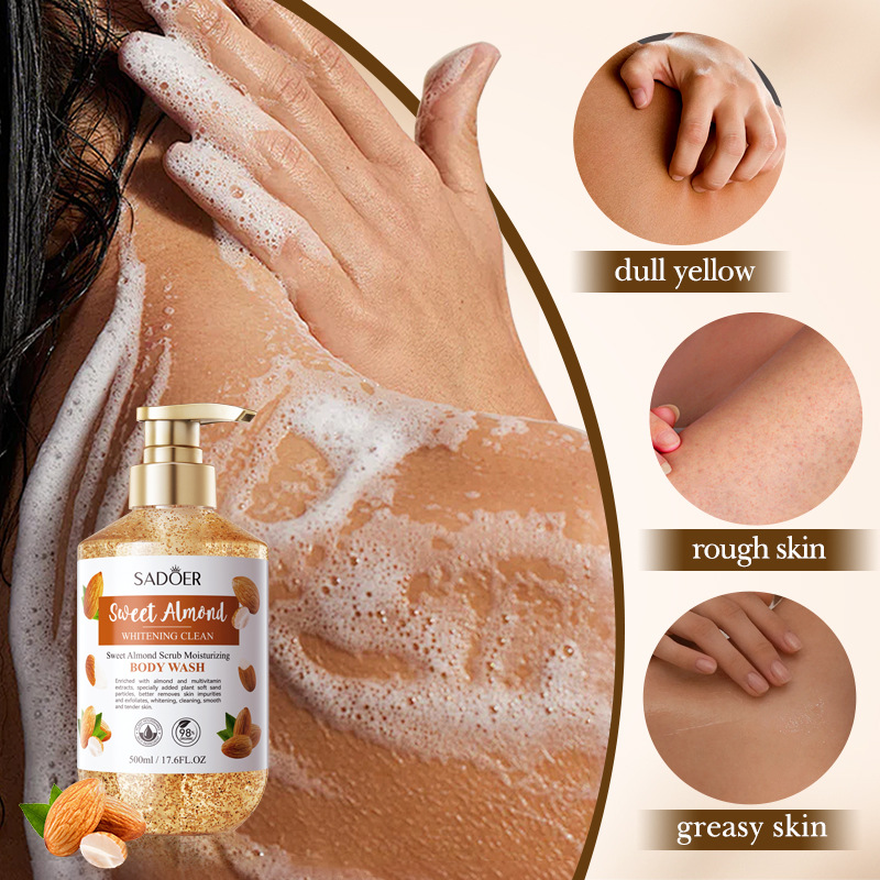 Cross-border export wholesale of SADOER sweet Almond Scrub Whitening Moisturizing Body Wash and Cleansing Body Wash in full English Specification drawing