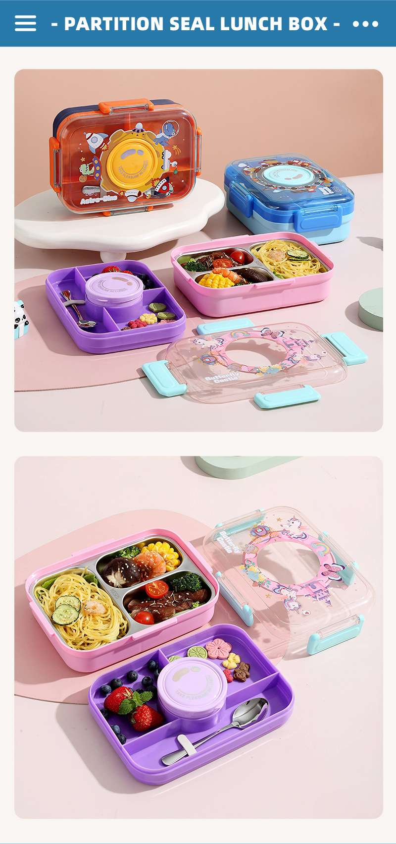 J35-2681 stainless steel insulated lunch box, children's compartments lunch box, student cartoon lunch box with stainless steel spoon detail image 9