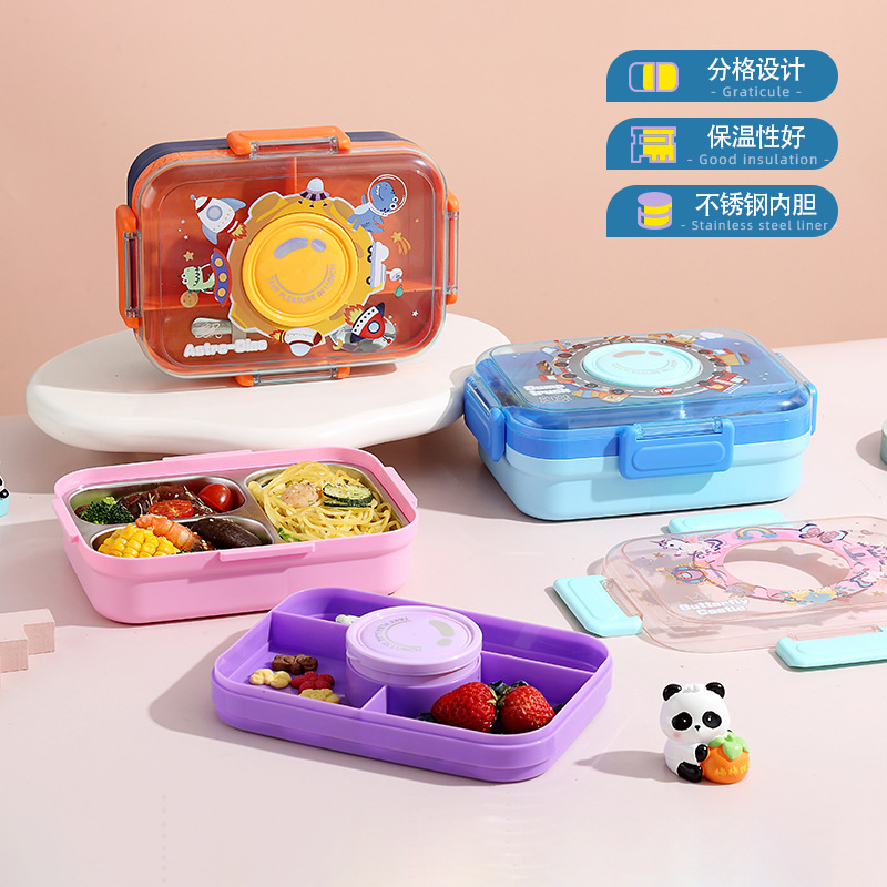 J35-2681 stainless steel insulated lunch box, children's compartments lunch box, student cartoon lunch box with stainless steel spoon