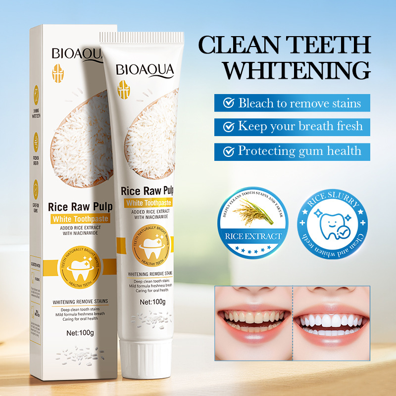 All-english BIOAOUA Rice puree Whitening Toothpaste, deep cleaning Teeth toothpaste, cross-border export wholesale full figure
