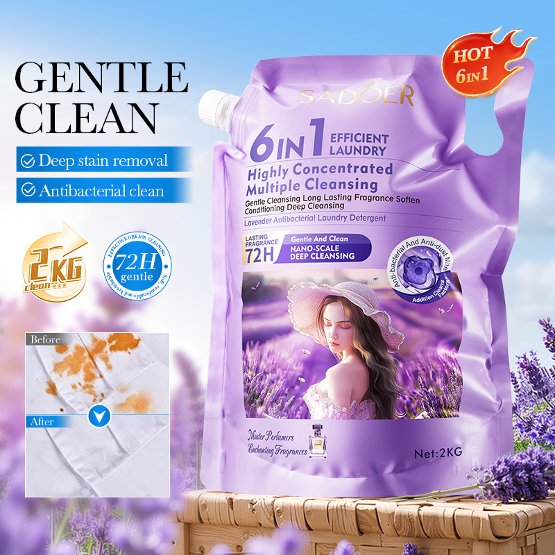 Cross-border export wholesale of 2KG of SADOER Lavender Scented Antibacterial Cleaning Laundry Detergent in full English full figure