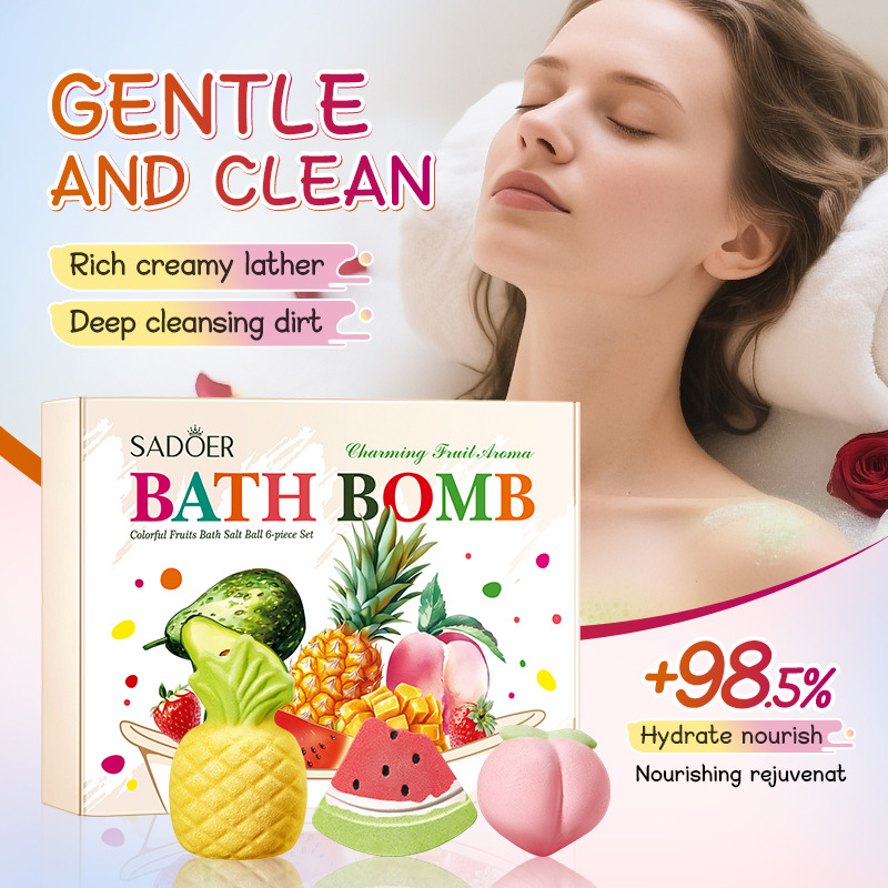 All-english SADOER Colorful Fruit Bath Salt Balls 6-piece set for body cleaning, cross-border export wholesale Specification drawing