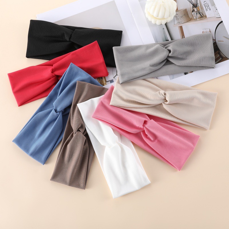 欧美跨境纯色针织细螺纹交叉瑜伽运动发带简约女士头带头饰头巾头带运动运动发带