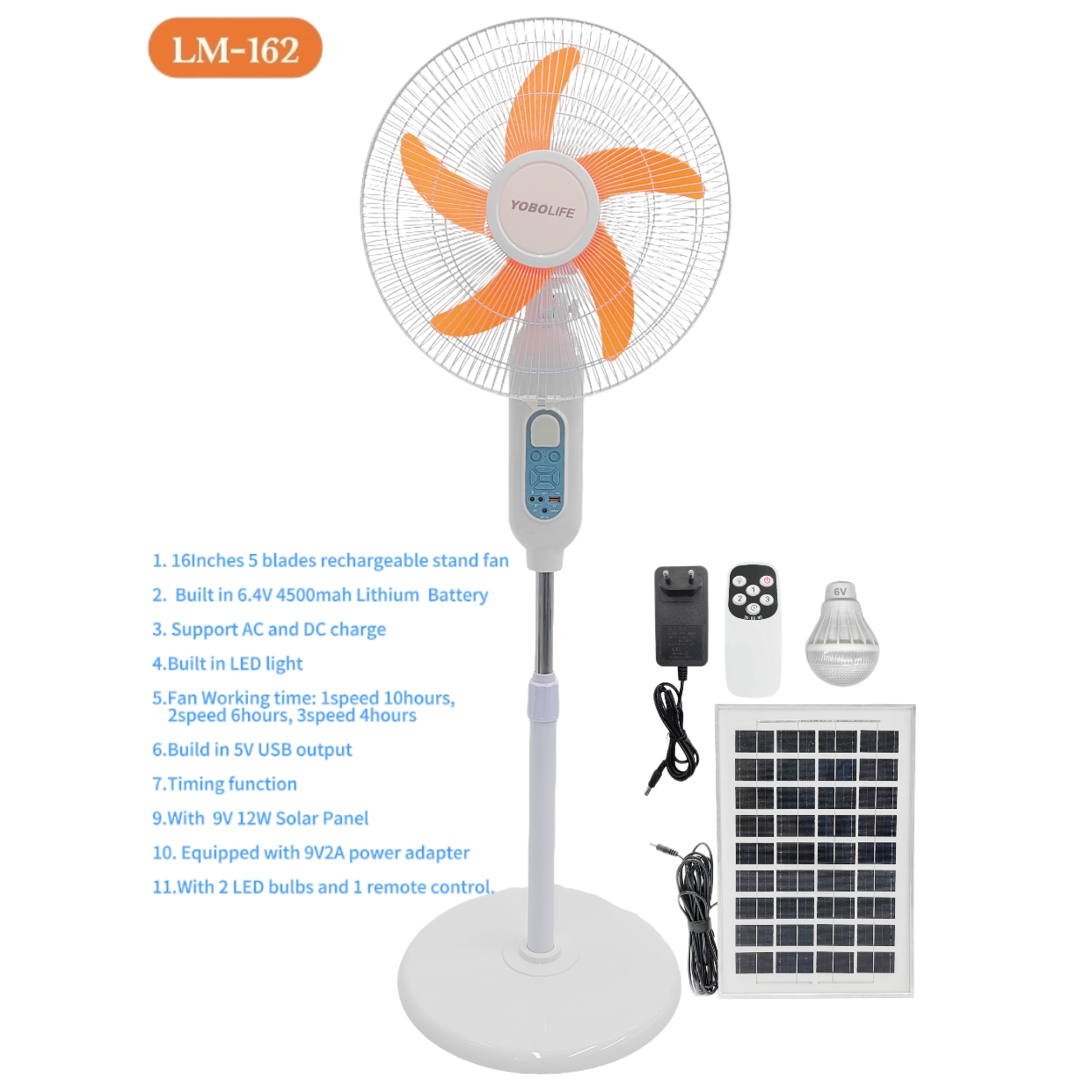 YOBOLIFE LM-162 ventilador solar ventilador eléctrico doméstico con batería de litio incorporada ventilador de emergencia