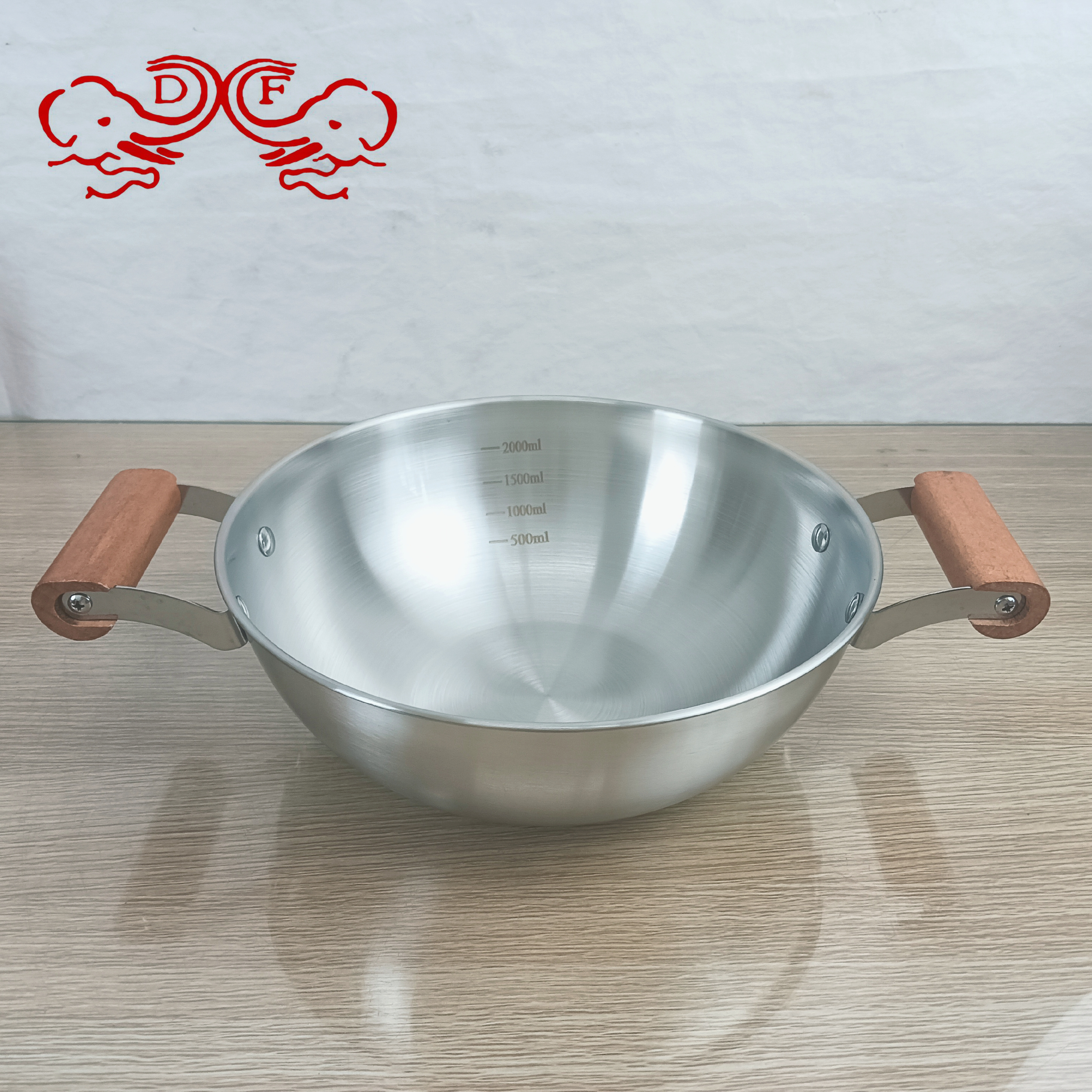 DF99893 old-fashioned double-eared wok, flat-bottomed stainless steel wok, household cooking wok, soup and stewing wok, uncoated and non-stick, DF TRADINGHOUSE Item Picture