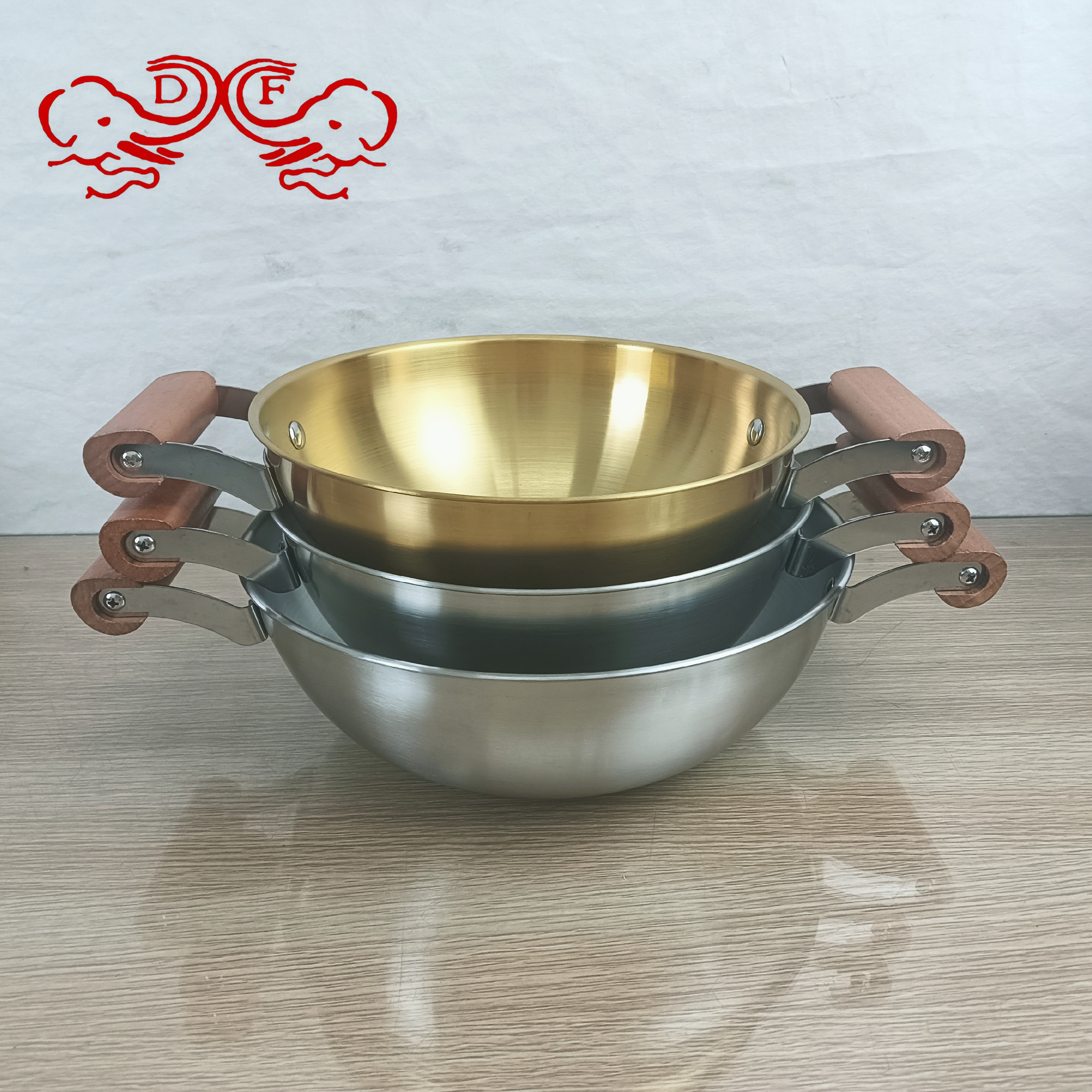 DF99893 old-fashioned double-eared wok, flat-bottomed stainless steel wok, household cooking wok, soup and stewing wok, uncoated and non-stick, DF TRADINGHOUSE