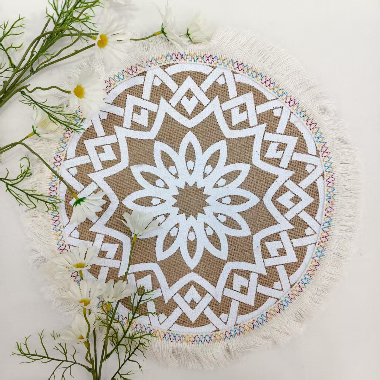 北欧圆形黄麻丝印七彩须边餐垫隔热垫美式家用复古流苏锅垫隔热编织垫