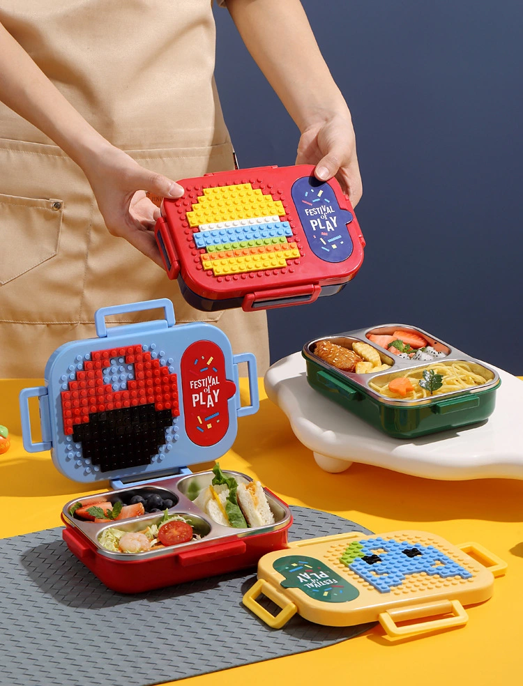 J35-7161 600ML Cartoon building Block Stainless Steel insulated Lunch box, special children's comparttioned lunch box for students to go to school detail image 9