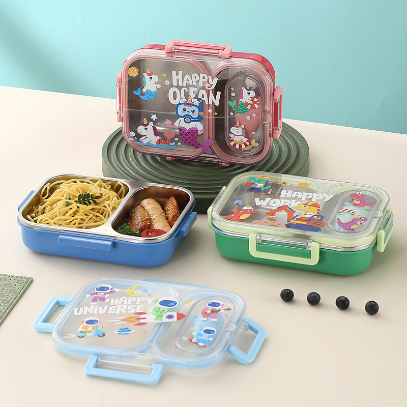 J35-7163 Children's cartoon 304 stainless steel lunch box, student lunch box with tableware, camping and outdoor details Picture