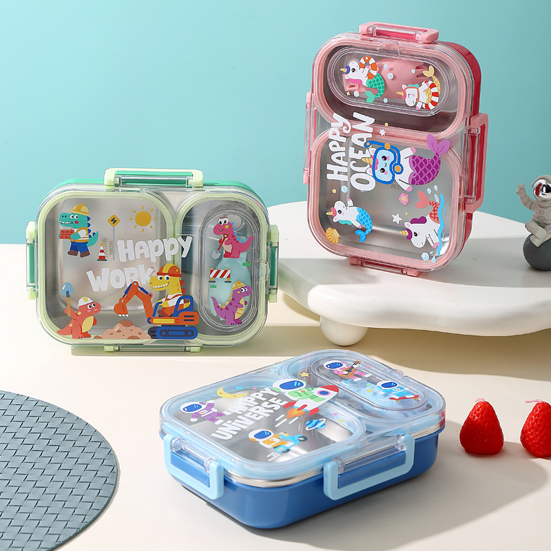 J35-7163 Children's cartoon 304 stainless steel lunch box, student lunch box with tableware, camping and outdoor