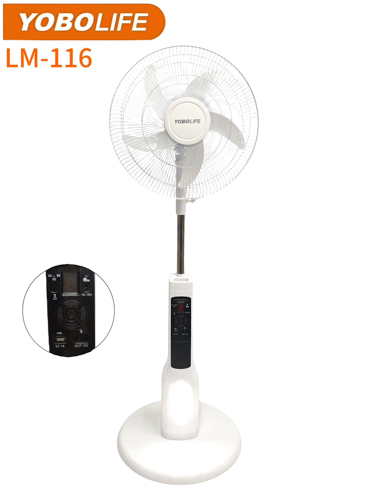 YOBOLIFE 新款LM-116落地风扇16寸太阳能充电风扇，9档风速小屏幕显示遥控控制，非洲南美热销款细节图