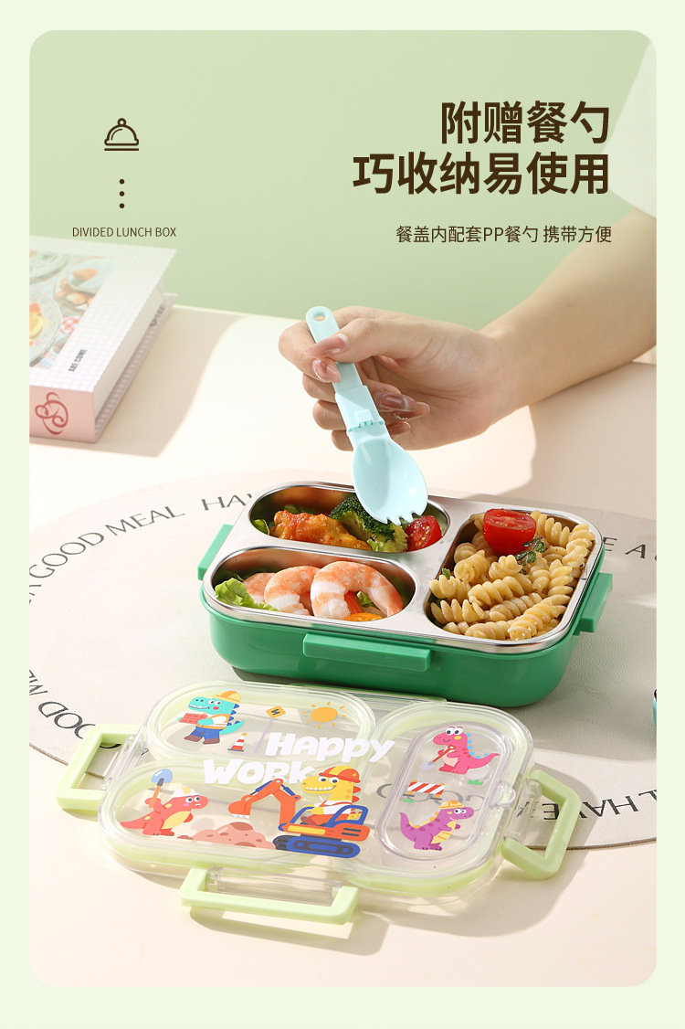 J35-7163 Children's cartoon 304 stainless steel lunch box, student lunch box with tableware, camping and outdoor detail image 3