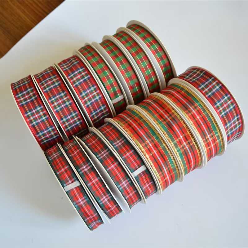 金边条纹丝带圣诞装饰红绿格子带织带