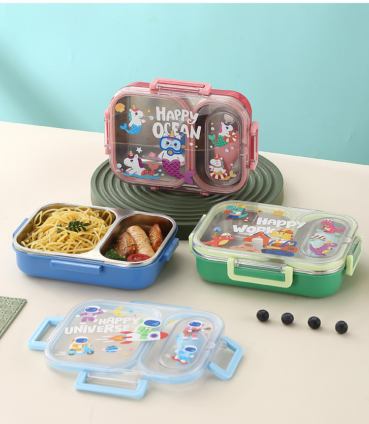 J35-7163 Children's cartoon 304 stainless steel lunch box, student lunch box with tableware, camping and outdoor detail image 6