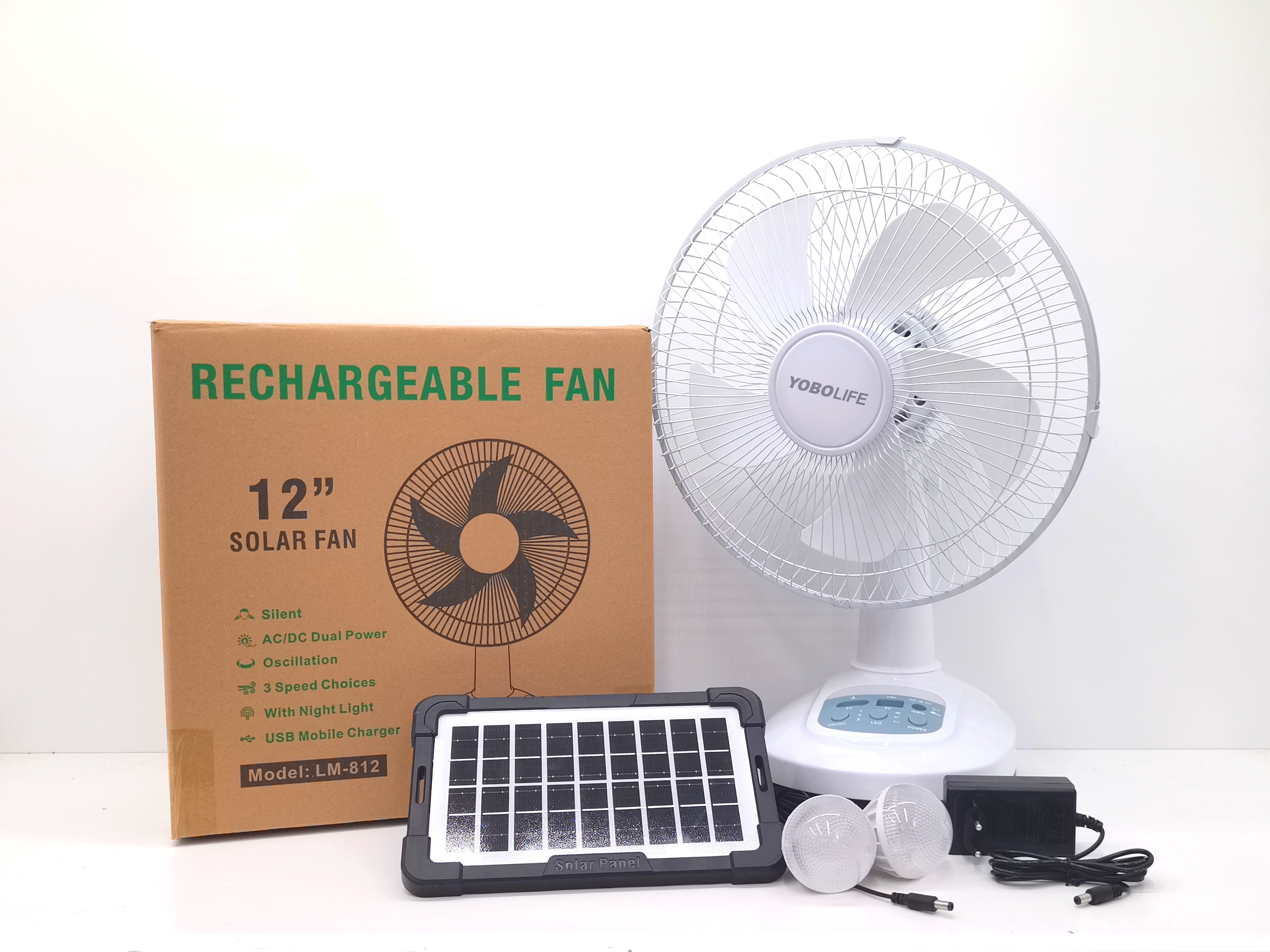 YOBOLIFE LM-812 太阳能风扇 家用电风扇 内置电池 应急风扇 非洲南美市场外贸热销风扇