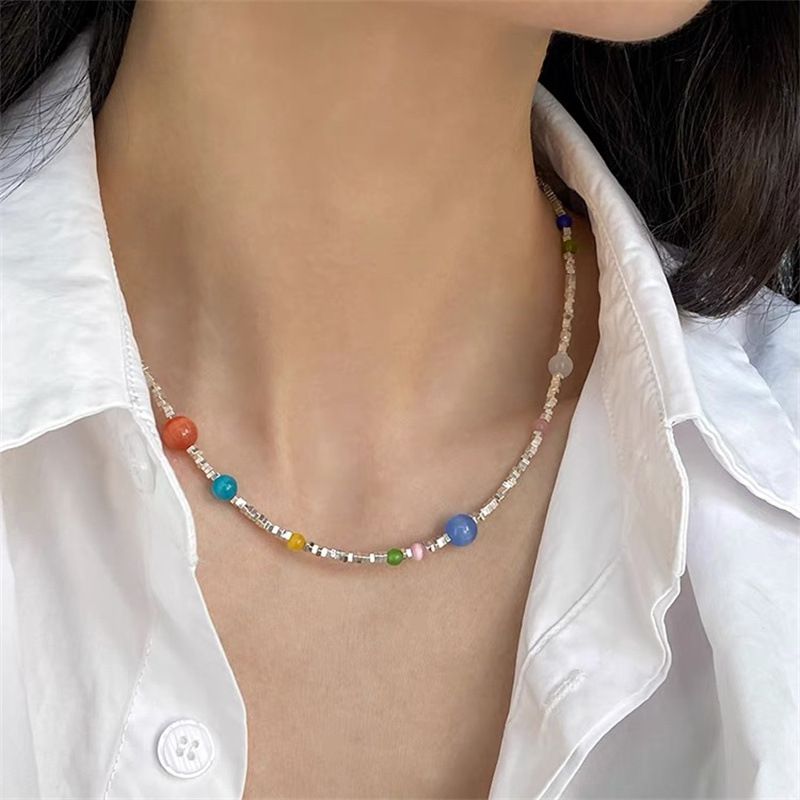 彩色串珠碎银子项链女夏天新款小清新百搭颈链锁骨链小众设计感百
