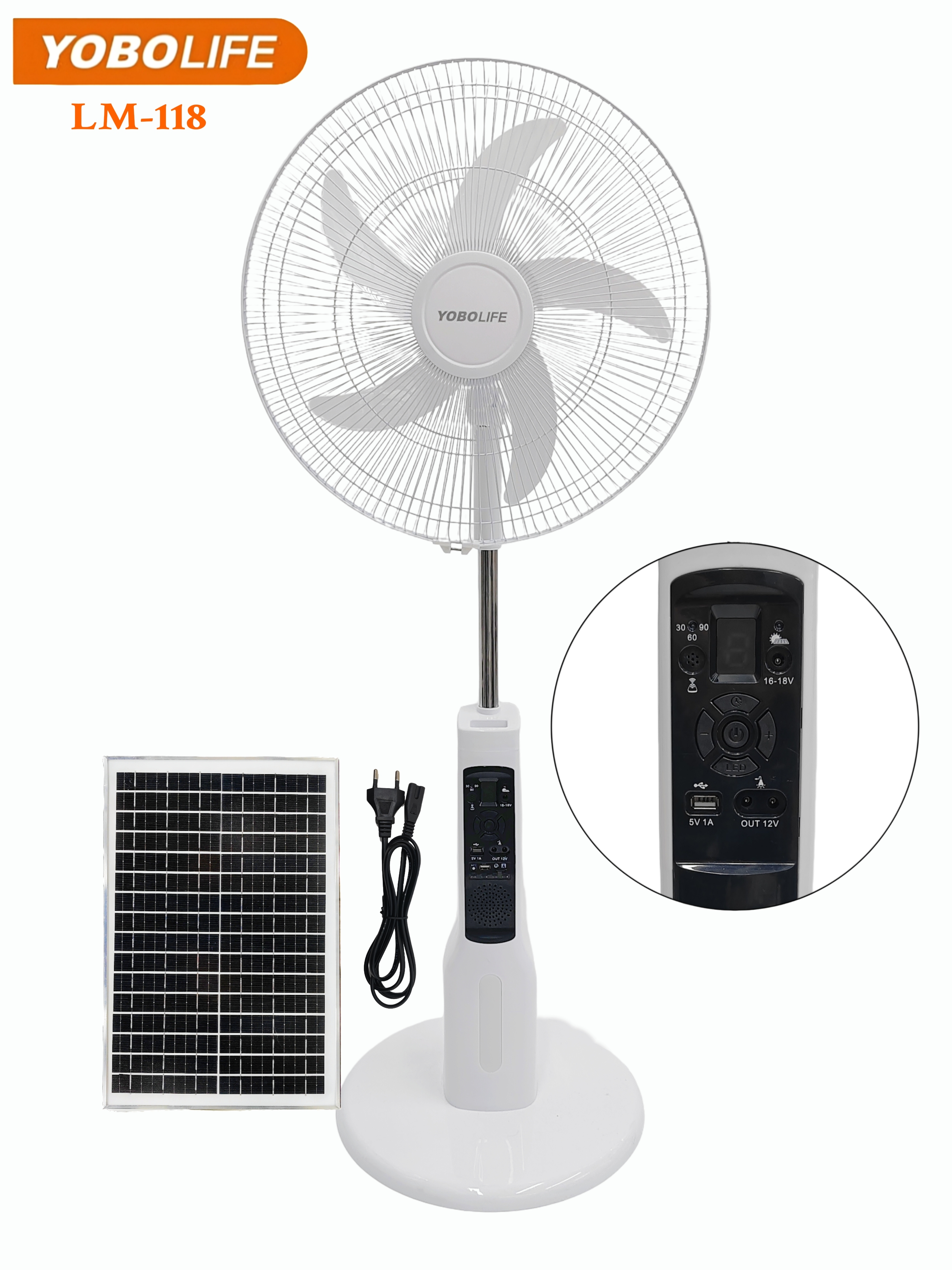 YOBOLIFE 新款LM-118落地风扇18寸太阳能充电风扇，9档风速小屏幕显示遥控控制，非洲南美热销款