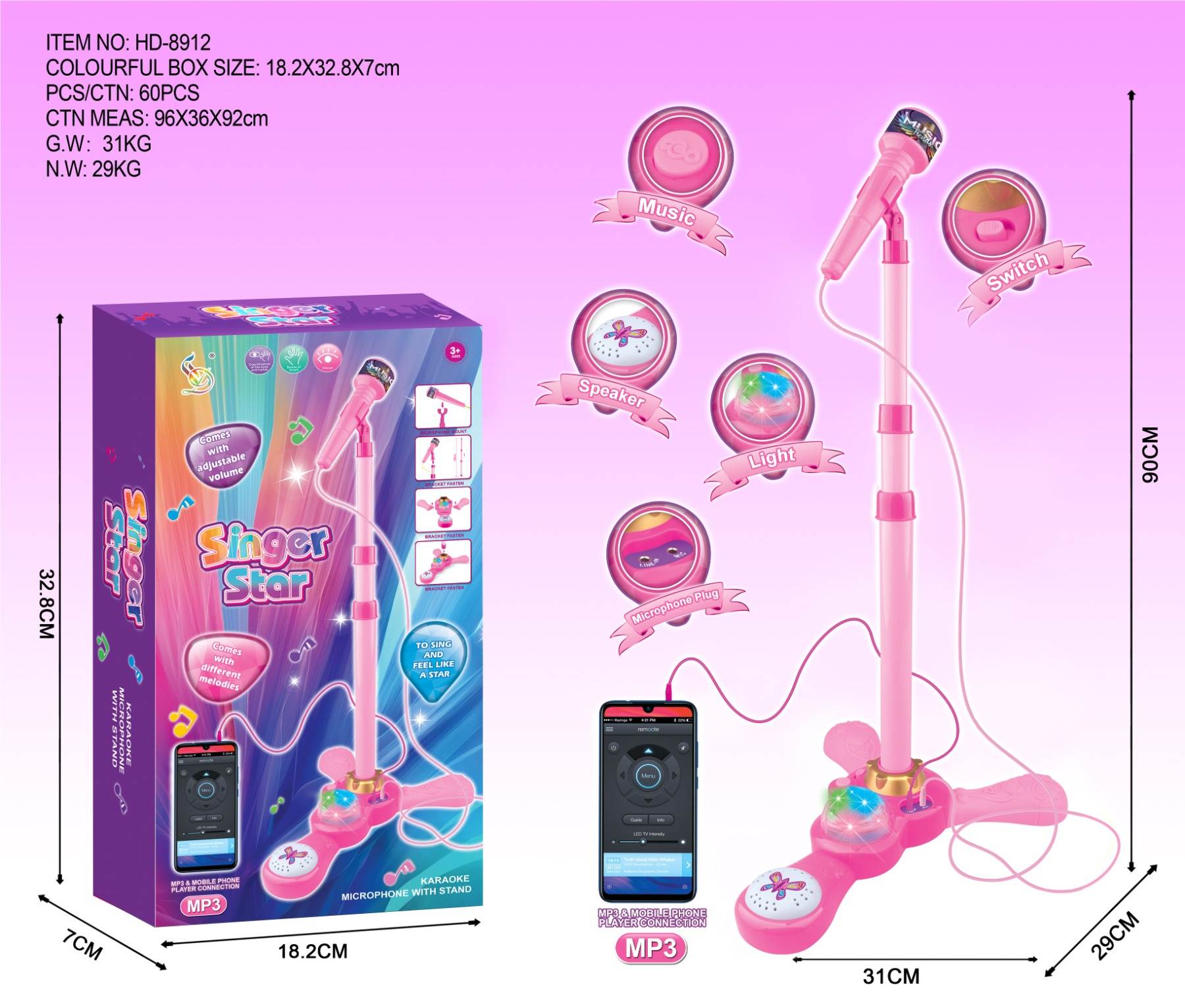 The TJ94649 microphone with lighting and music can be connected to an MP3 player and comes with a connection cable Application Scenario