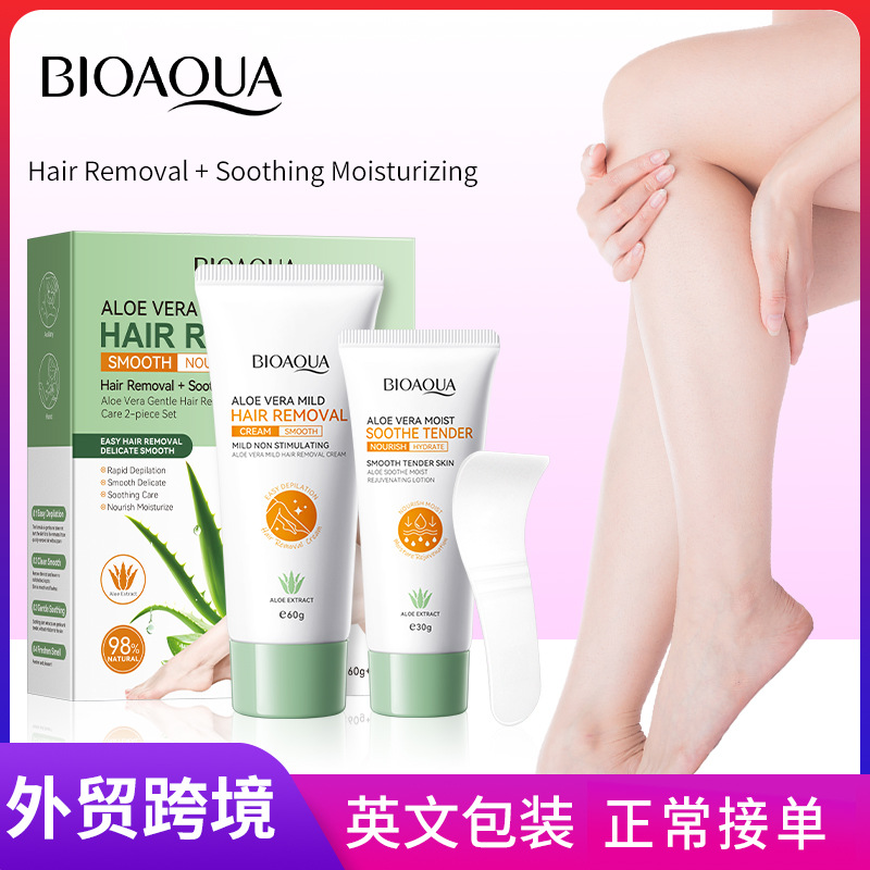 Full English BIOAOUA Aloe Vera Gentle Hair Removal Care 2-piece Set for Underarm Hair removal Cream Cross-border export wholesale full figure