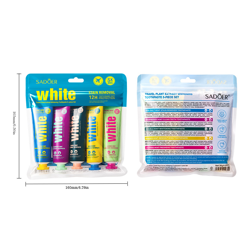 Cross-border export wholesale of 5-piece set of all-English SADOER Travel plant-based Whitening toothpaste for teeth cleaning Item Picture
