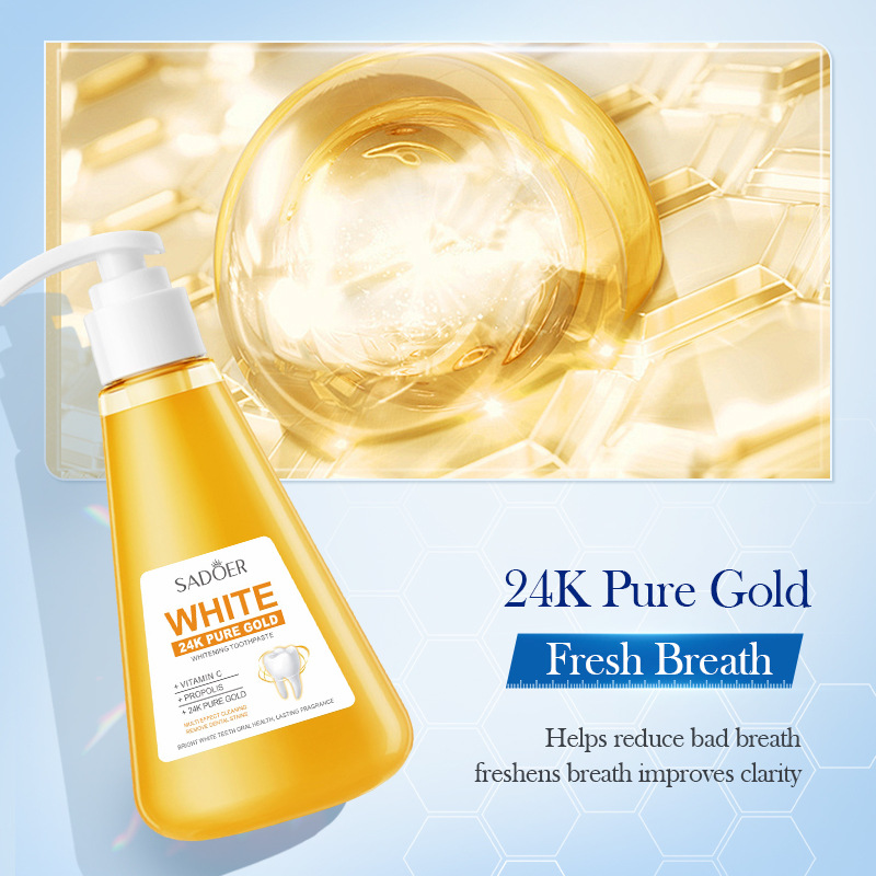 All-english SADOER24K Gold Factor Whitening Toothpaste cleans teeth and freshens the mouth. Cross-border export wholesale Specification drawing