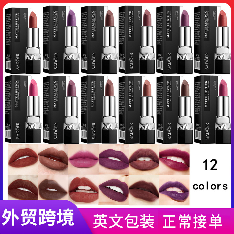 All-english SADOER velvet matte lipstick with a texture that does not fade easily. Cross-border export wholesale of cosmetic lipsticks full figure