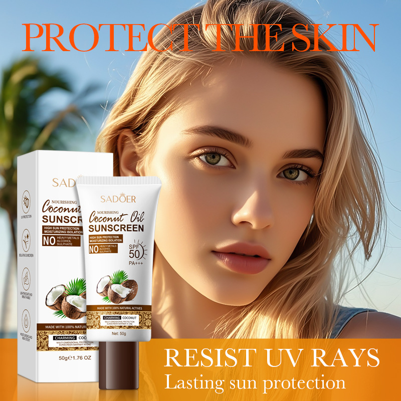 Cross-border wholesale of SADOER Nourishing coconut oil sunscreen for isolation and UV protection in English Specification drawing