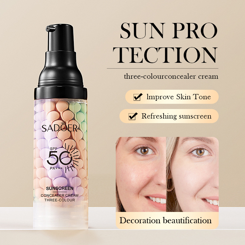 Cross-border export wholesale of SADOER three-color sunscreen isolation beauty Cream, Contouring, concealing and sunscreen in full English Specification drawing