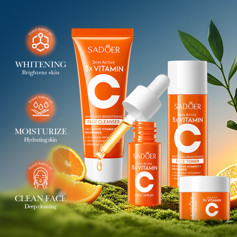 Cross-border export wholesale of SADOER five-layer Vitamin C Whitening and Moisturizing Travel Set Facial Cleansing and Moisturizing Set in full English details Picture