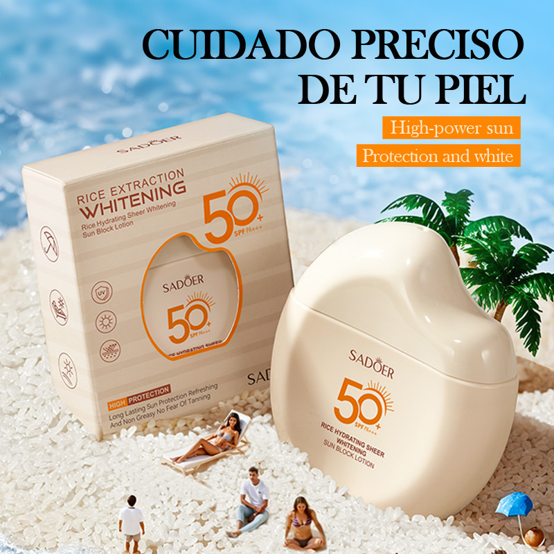 Cross-border export wholesale of SADOER Rice Moisturizing, Clearing and Whitening Sunscreen Lotion and UV Protection Sunscreen in full English details Picture