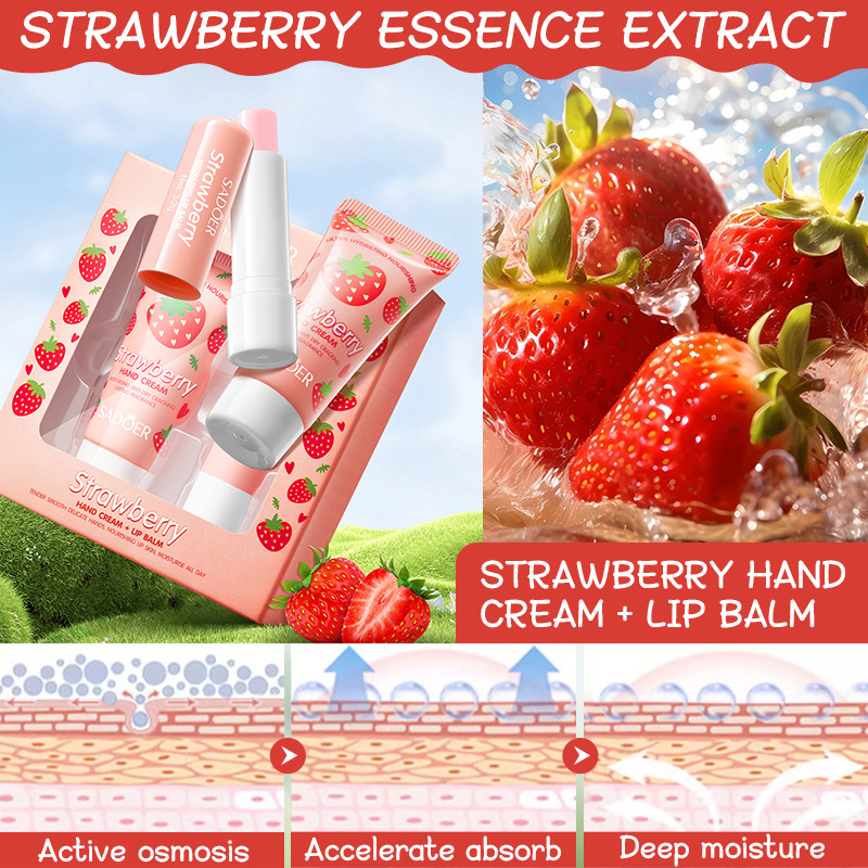 Full English SADOER Strawberry Nourishing Hand Cream + Lip Balm Set for autumn and winter cross-border wholesale of hand cream and lip balm Application Scenario