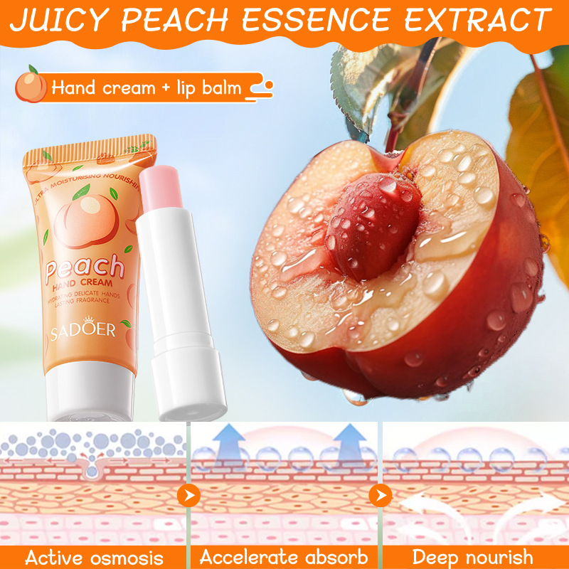Full English SADOER Peach Nourishing Hand Cream Lip Balm Set, autumn and winter hand cream Lip balm Cross-border wholesale Application Scenario